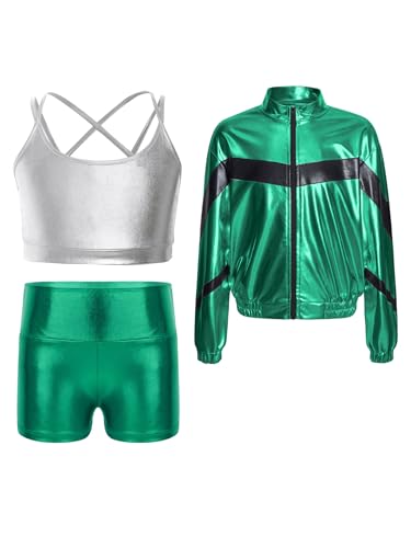 Girls Dance Team Uniform Shiny Shorts Crisscross Camisole Long Sleeve Jacket For Performances