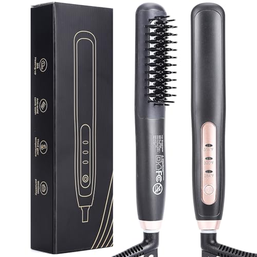 Beard Straightener for Men -Premium Heated Beard Brush Kit, Dual Action Medium to Long Beards-Grooming Gifts for Men Tourmaline Ceramic Heated Beard Brush & Hot Comb-Portable,Ionic Technology (Black)