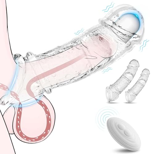Vibrating Penis Sleeve for Couples Penis Extender Sleeve Adds Girth & Length Remote Control Cock Sleeve with Multiple Vibration Modes Stretchy Fit Waterproof Male Enhancer 2-Pack