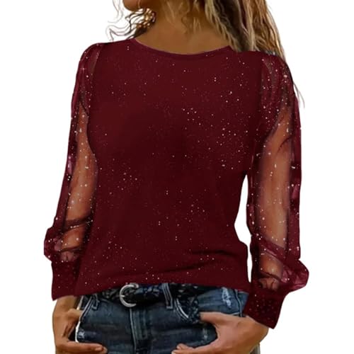 Generisch 2026 - Blusas festivas Mujeres Negro Elegante Traje de Nochevieja Lentejuelas Top Blusas Transparentes, rojo, L