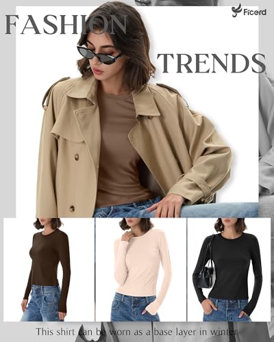 Ficerd 4 Pack Women's Long Sleeve Shirts Cotton Crew Neck Slim Fitted Tops Casual Basic Fall Y2k Tight Going Out Stretchy Tee2