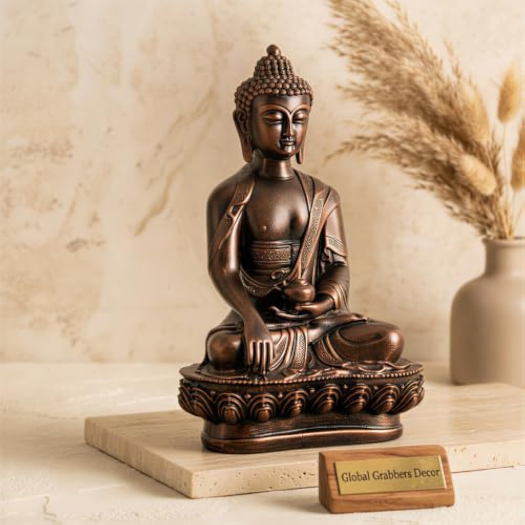 Meditating Sitting Buddha Idol Statue, Antique Copper Finish