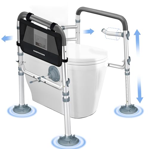 KingPavonini Toilet Safety Rail (400 LB) - Adjustable Foldable Toilet Safety Frame for Elderly and Disabled - Stand Alone Toilet Rails for Seniors with Storage Bag and Paper Holder - Fits Most Toilets