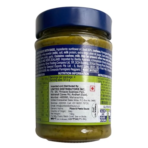 Barilla Pesto Genovese Pasta and Pizza Sauce, 190g, Italy, Non - GMO Project Verified, Gluten free, No added Colour or Presevatives