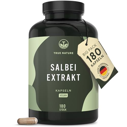Salbei - 180 Kapseln - Hochdosiert (10:1) - 6000 mg Salbei Extrakt pro Tagesdosis (Salvia officinalis) – Laborgeprüft - Vegan & Deutsche Produktion - TRUE NATURE