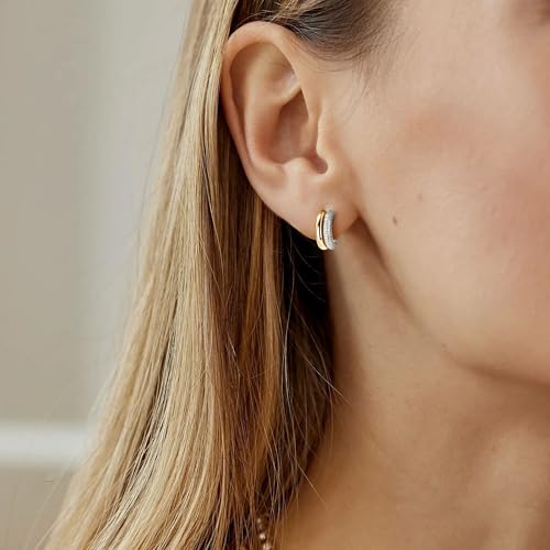 AINUOSHI Moissanite Huggie Earrings, Small Chunky Earrings S925 Sterling Silver Open C Hoop Earrings for Women, Mix Two Tone Gold Color Double Tubular Hoops, 14K Yellow Gold-plated by AINUOSHI - Image 2