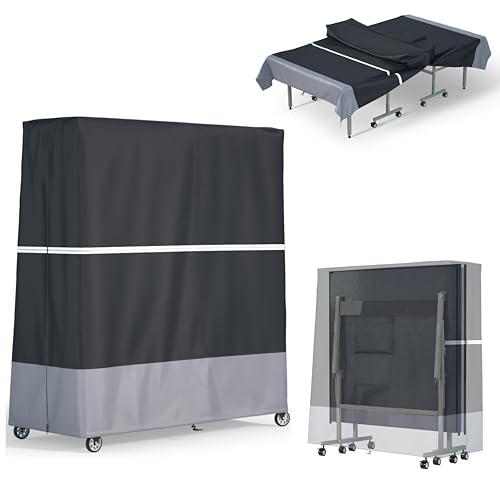 Indoor/Outdoor Ping Pong Table Cover Waterproof, Dustproof, UV-Resistant Durable Foldable Ping Pong Table Cover Fits 9x5-Foot Tables (Black & Gray)