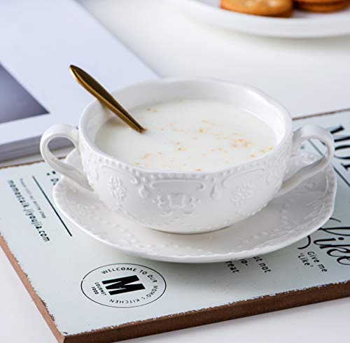 Jusalpha White Embossed Ceramic Bowl With Double Handles and Saucer - Dessert/Soup/Cereal (10 OZ) (1 Set) by Jusalpha - Image 7