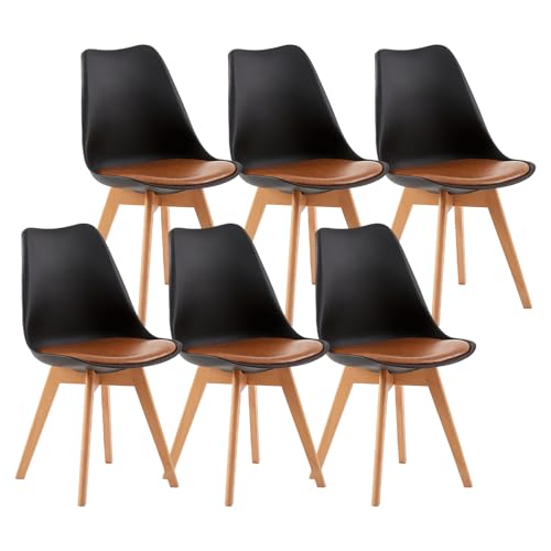 EGGREE Pack 6 Sillas de Comedor Nórdicas 6 Sillas de Cocina Equipadas con Respaldo Ergonómico y Patas de Haya, Negro & Cojín de Cuero Marron