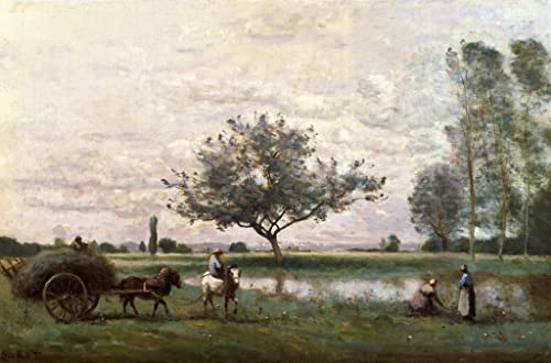 Charrette à foin au bord d'une rivière Corot affiche décoration murale salon