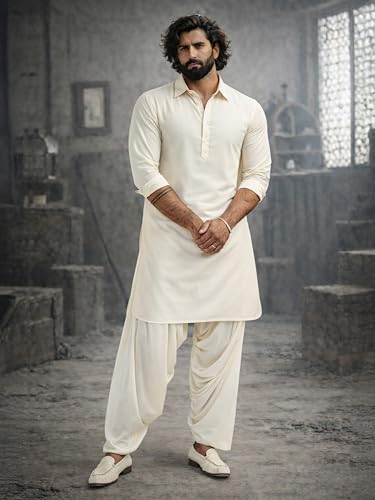 Image of VASTRAMAY Men's Black and White Viscose Pathani Kurta Set, Traditional Pathani Khan Suit Set in Viscose Fabric, and Salwar Patiala Pyjama for Weddings & Festival, Ethnic Outfit | Independence Day