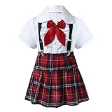 imagenes de faldas para uniformes escolares El traje de rendimiento para niñas de 4 piezas incluye camisa, falda, tirantes y nudo de corbata, hecho de poliéster