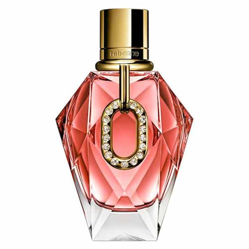 Frasco de perfume Rabanne Million Gold Pure Diamonds de 90ml com design facetado em tom rosado e detalhe de elo cravejado de pedras brilhantes