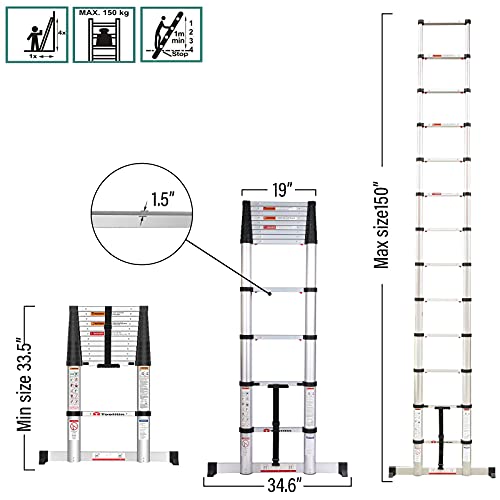 Toolitin Telescoping Ladder With Stabilizer Bar,12.5Ft One Button Retraction Aluminum Telescopic Extension Ladder,Soft Close Design Ladders Portable For Household Daily Or Rv Work,330 Pound Capacity #TOP1