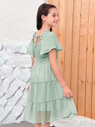 Kingdenergy Girls Summer Chiffon Casual Dress Square Neck Ruffle Short Sleeve Frilly Smocked Elastic Ruffle Hem Tulle Dresses Dusty Blue #TOP4