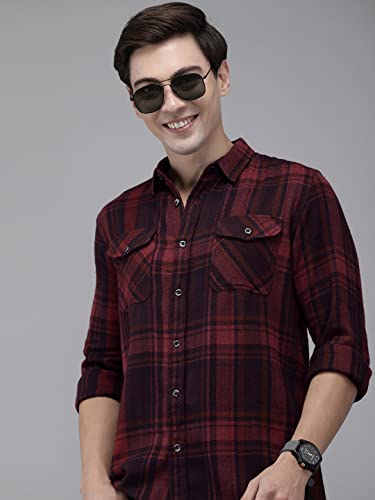Image of THE BEAR HOUSE Men's Cotton Heavy Weight Maroon Tartan Checked Flannel Casual Shirt | L |TBH-Ursus-MR-L |