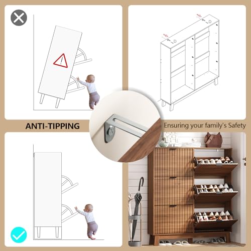 Image of Shoe Cabinet Storage for Entryway with 6 Flip Drawers, Fluted Narrow Shoe Organizer with Wooden Legs, Freestanding Slim Shoe Storage Hidden Shoe Rack Organizer for Front Door Entrance, Walnut