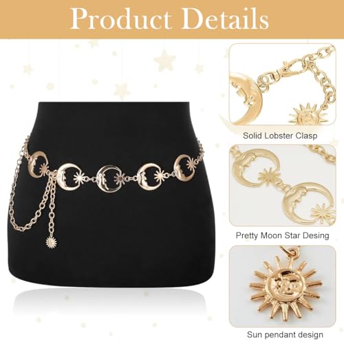 Image of PALAY Silver Waist Chain for Women for Saree, Gold Waist Belt for Women Dresses, Moon Star Elements Metal Belly Chain, Stylish Clothes Accessories for Blazer, Suit, Dress, Jeans