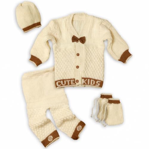 Image of Baby Unisex New Born Baby Boys Girls Soft Comfortable Trendy Woolen Round Neck Stripe Sweater Set with Payjami, Cap and Pair of Booties for Toddlers