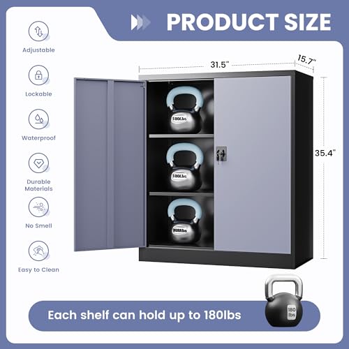 LISSIMO Metal Storage Cabinet,Locking File Cabinet with Doors and Adjustbale Shelves,Tool Steel Cabinets for Garage,Home Office,School,Gym(Grey & Black) thumbnail 3