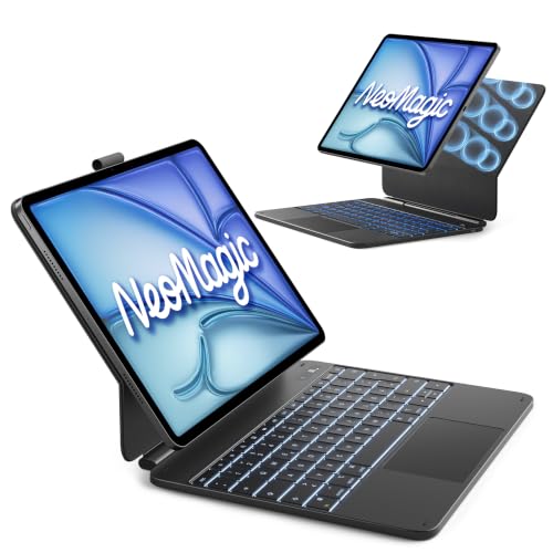 Inateck NeoMagic Magnetische Tastatur Hülle für iPad Air 13 Zoll M4/M3/M2(2026/2025/2024) iPad Pro 12.9 Zoll Großes Trackpad LED-Anzeige 7 Farben Hinterleuchtet QWERTZ mit Stifthalter KB903