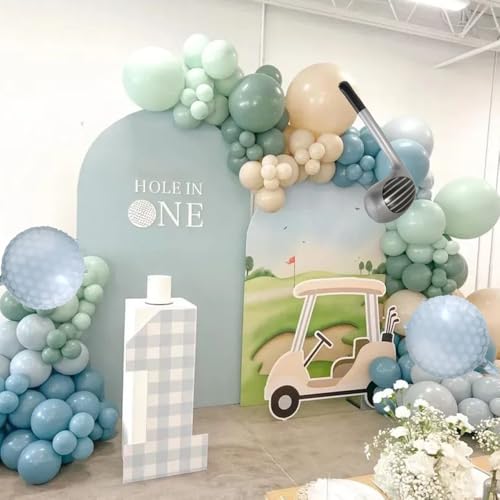 Image of Hole in One Balloon Garland Arch 125Pcs Golf Party Decorations Sage Green Dusty Blue Balloons with Golf Club Foil Balloon for Golf-Themed Party Decorations Baby Shower Supplies