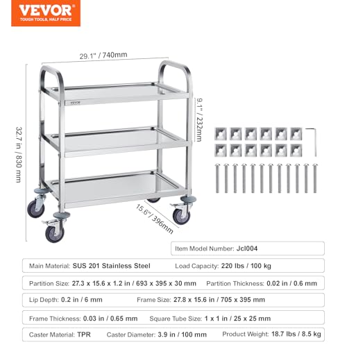 VEVOR Laborwagen Gerätewagen Medizintechnik Servierwagen 201 Edelstahl Tragbar Abräumwagen 100 kg Tragfähigkeit, 740 x 396 x 860 mm Labor Rollwagen Medical Trolley Dreifach-Design Silber