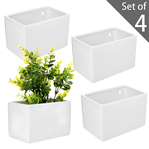 Mygift Modern White Ceramic Hanging Planters - Wall Mounted Succulent & Herb Planter Box, Set Of 4 #TOP6