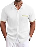 Picture of COOFANDY Knit Shirts for Men Short Sleeve Vintage Button Up Polo Shirt Summer Vacation White