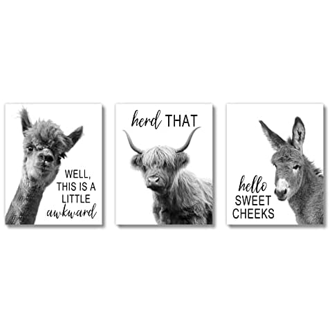 Brooke & Vine Black and White Contemporary Farmhouse Funny Bathroom Decor Wall Art (UNFRAMED 8x10) Bathroom, Living Room, Bedroom Wall Decor (Funny Farm Animals) Cover