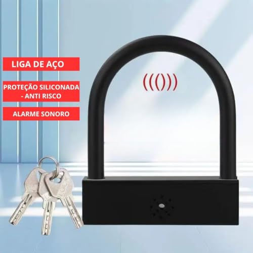Cadeado U-Lock com Alarme para Motos e Bicicletas, Aço Emborrachado, 3 Chaves, Preto