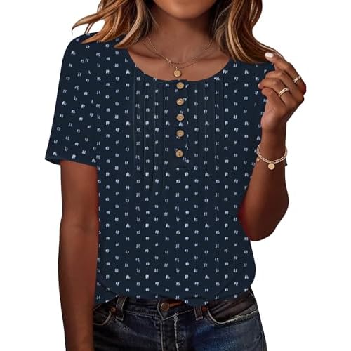 Rapbin Short Sleeve Shirts for Women Pleated Crewneck Cute Blouses Dressy Casual Elegant Tops Loose peasant Summer T-Shirts