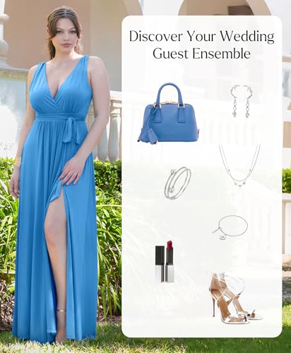 Image of Popilush Women Formal Wedding Guest Dress - Shapewear Bridesmaid Dresses Built-in Bra Floor Length Prom Dress with Tie