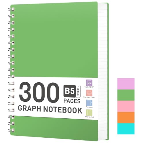 RETTACY Bloc de notas B5 cuadriculado, cuaderno de espiral de 100 g/m² con 300 páginas/150 hojas para dibujar, plástico PVC, tapa dura, para diario, universidad, conferencia, viaje, 19 x 25 cm, color