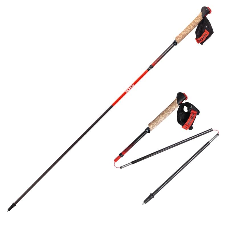 Bastones de trekking plegables, AONIJIE, Canbo Fibra Ligera, Bastones de Senderismo Para Caminar Correr Bastones con Mango Absorbente (Rojo, 110 cm)