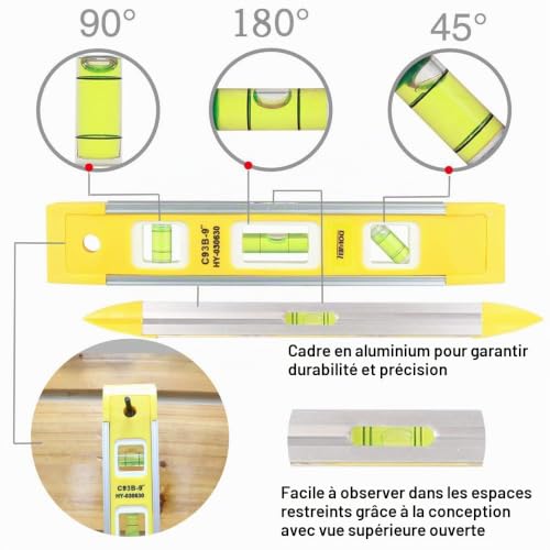 Dowell 9 pouces Magnetic Box niveau de torpille, 3 bulles différentes / 45 ° / 90 ° / 180 ° mesure antichoc torpille niveau – vue 4