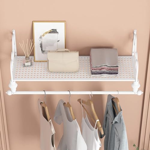 Porte-vêtements avec étagère murale en bois et métal noir pour magasin et entrée