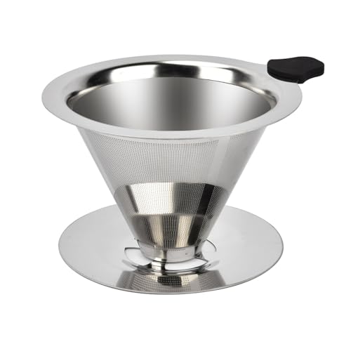 NKOVE Pour Over Coffee Dripper Stainless Steel Reusable Filter Paperless Cone Coffee Maker Dripper for 1-2 Cup, Dual-Layer Filter Design Non-Slip Silicone Grips, Bonus Cleaning Brush & Cloth