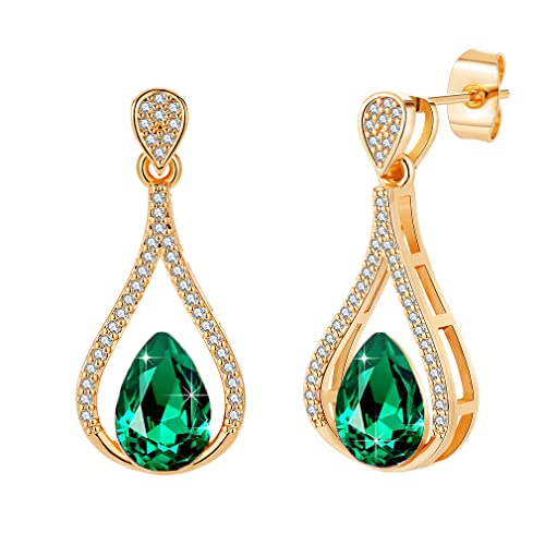 Austrian Crystal Halo Teardrop Hollow Drop Stud Earrings for Women 14K Rose Gold Plated Hypoallergenic Jewelry