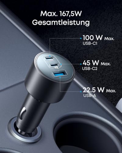 Anker 167,5W Zigarettenanzünder USB C, 3-Port Typ-C Auto Schnellladegerät – Ansicht 2