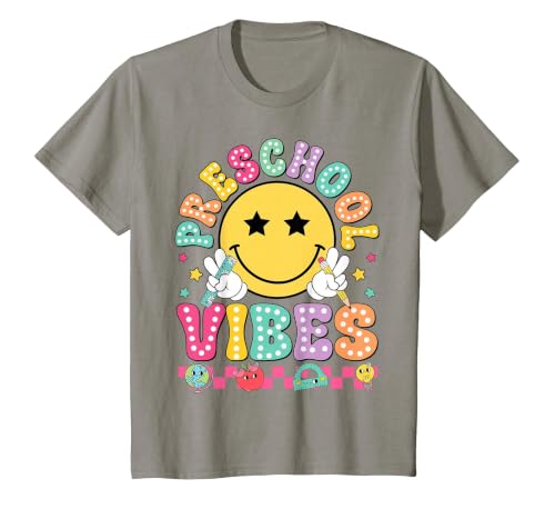 Preschool Vibes Smile Face Back to School Kinder Girls Kids T-Shirt, Youth, Slate Grey, 2T