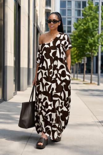 Image of Women Summer V Neck Loose Side Split Maxi Dresses with Pocket