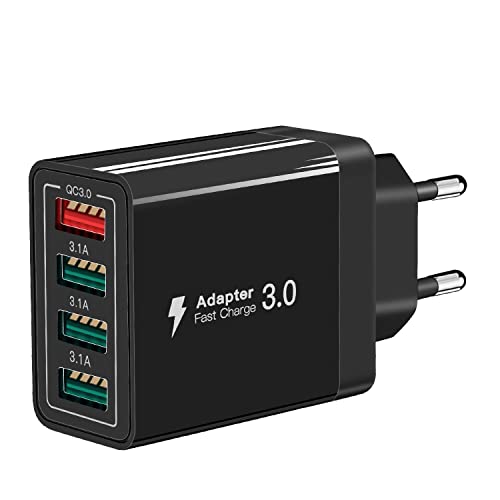 SCCVEE Cargador USB de 4 Puertos, estación de Carga Multi-USB de 33 W, Adaptador de Corriente USB QC 3.0 Compatible con iPhone 12/13/11/Samsung S22/S21/S20/Xiaomi/Huawei/OPPO/OnePlus, etc. (Negro)