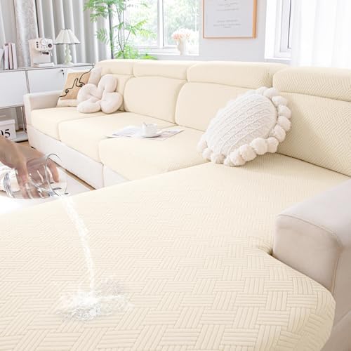 hyha Waterproof Couch Cushion Covers, Stretch Magic Sofa Seat Slipcover, Waterproof Sectional Couch/Sofa Cushion Covers for Pets Washable with Elastic Bottom(3PC, Beige)