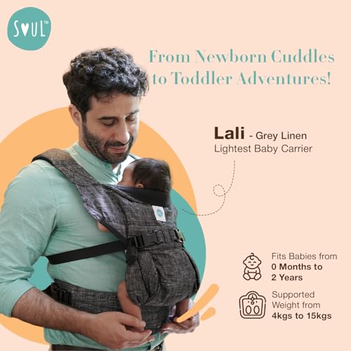 Image of SOULSLINGS 4-in-1 Lali Baby Carrier Bag- Grey - Linen | Compact & Lightweight (400g) | Adjustable for 0-24 Months (4-15kg) | Machine Washable & Handwashable | Breastfeeding Friendly