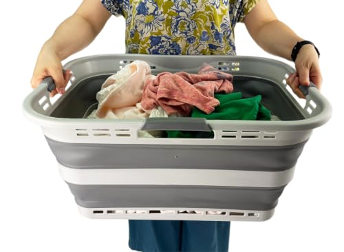 Image of SAMMART Set of 2 Collapsible Plastic Storage Basket - Foldable Pop Up Storage Container - Portable Laundry Organizer - Space Saving Hamper (Grey, 42L (Style A))