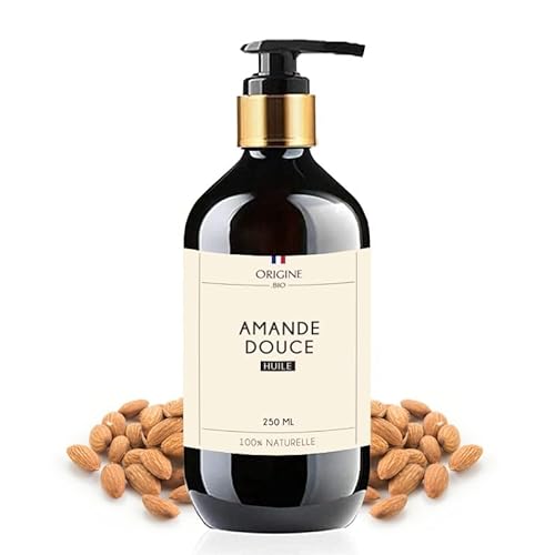 Origine Bio- Huile d'Amande Douce 250 ml - 100% Naturelle Cheveux Peau - Marque Française - Corps Visage Massage Vergeture Bouteille Verre