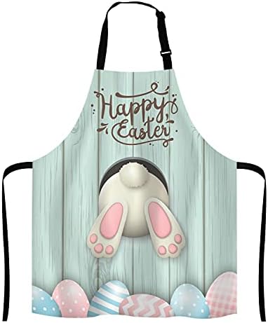Lefolen Happy Easter Day Colorful Egg Bunny Apron Spring Easter Adjustable Bib Apron Kitchen Cooking Baking Gardening Apron for Women Men