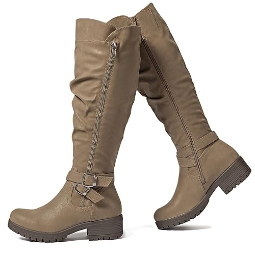 Ruiee Knee High Boots for Women Comfort Low Heeled Tall Long Boot Round Toe Fall Winter Flat Riding Combat Womens Boots.