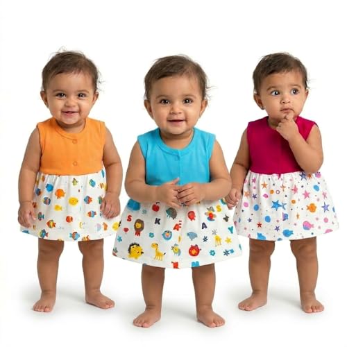 Image of VParents Knee-Length Sleeveless Cotton Frocks for Baby Girls, Round Neck A Line Mini Short Dress for Kids